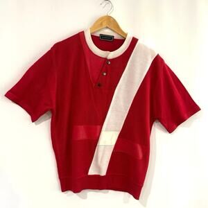 Vintage Saxony Sweater Size L Leather Acrylic Short Sleeve Red White Color Block